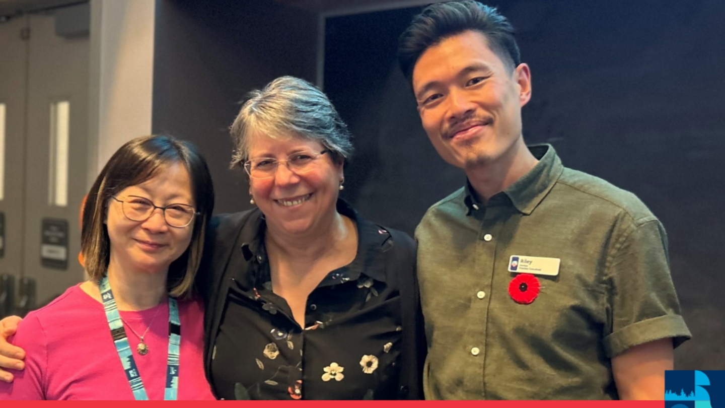 Aggie Black, centre with team members Wilma Chang (L) and Riley Louie.