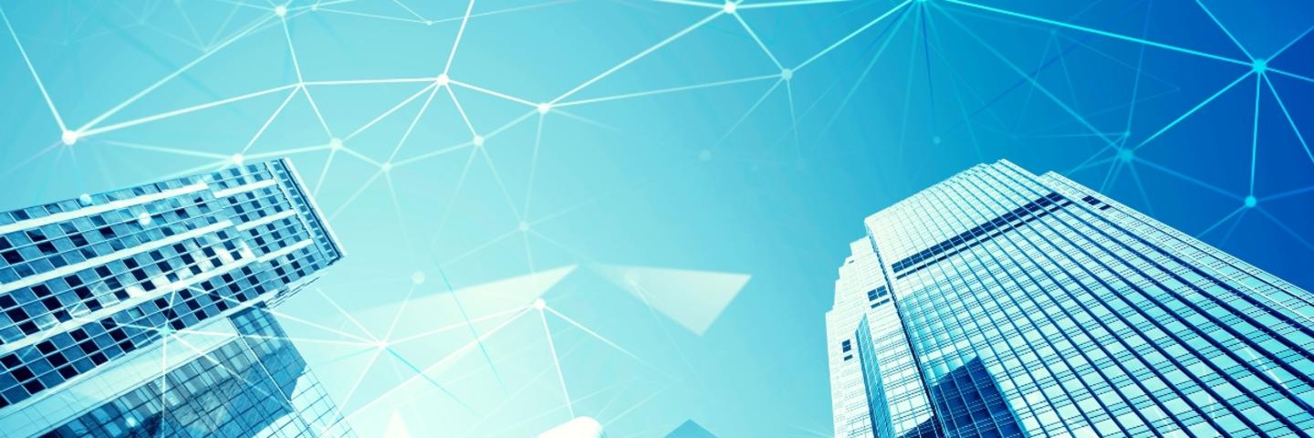 A graphic with buildings in the background